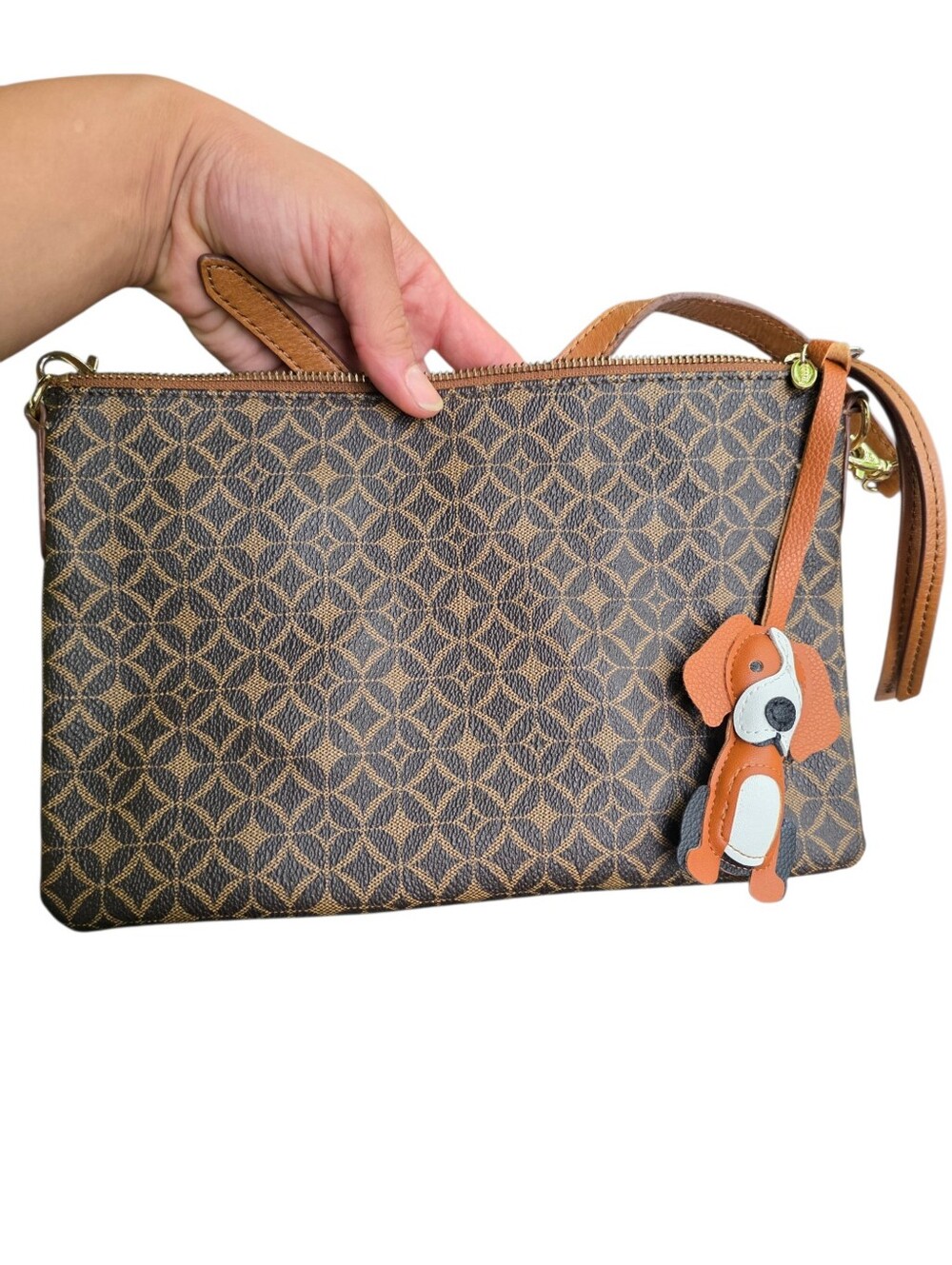 Fossil Brown Patterned Wristlet Crossbody Bag with Dog Charm